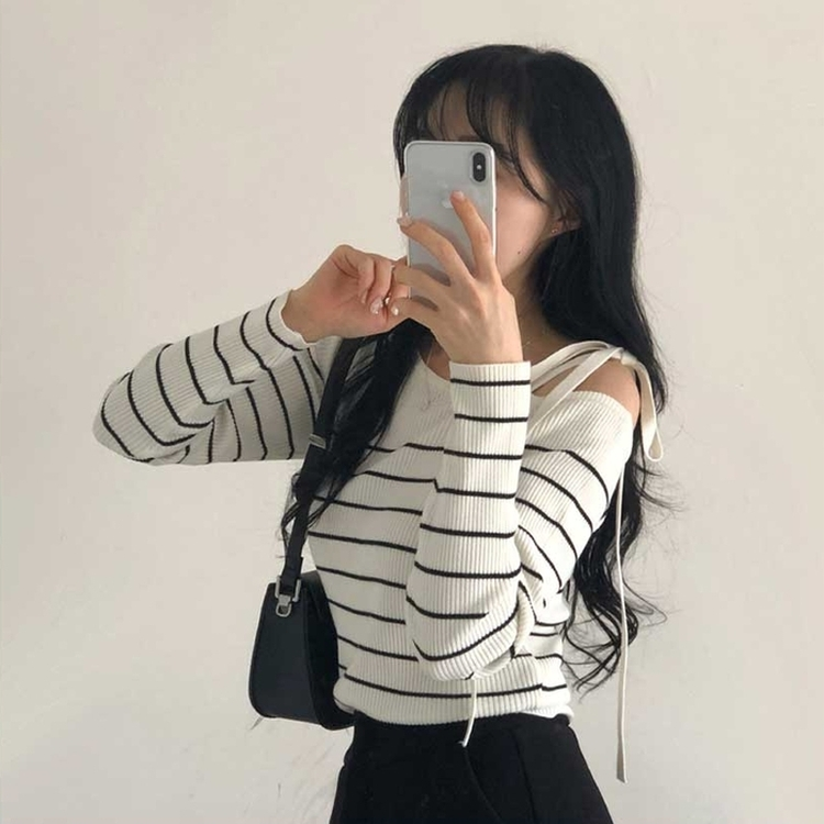 ストライプオフショルダーニット IVORY