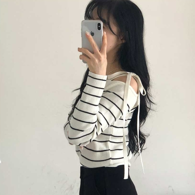 ストライプオフショルダーニット IVORY