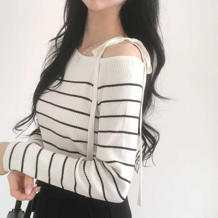 ストライプオフショルダーニット IVORY