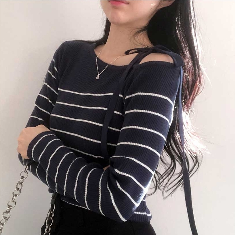 ストライプオフショルダーニット NAVY