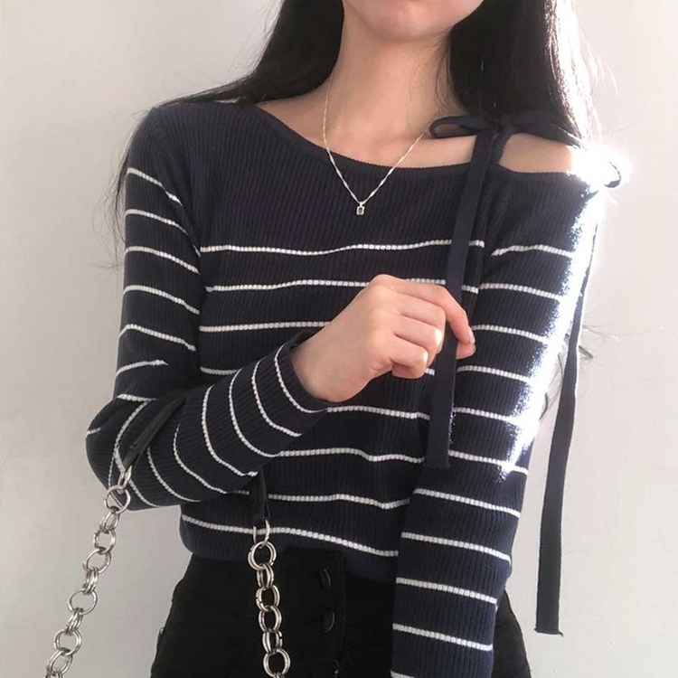 ストライプオフショルダーニット NAVY