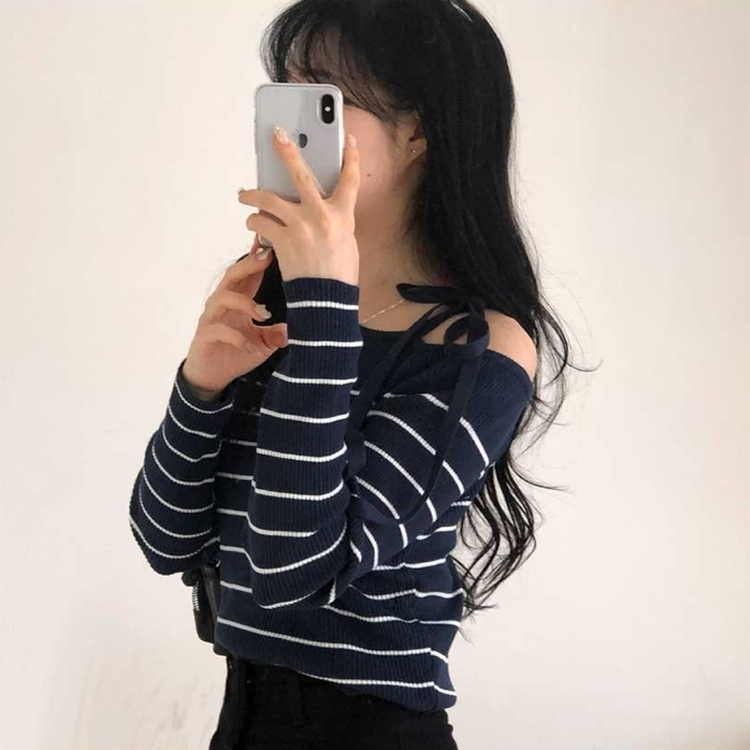 ストライプオフショルダーニット NAVY