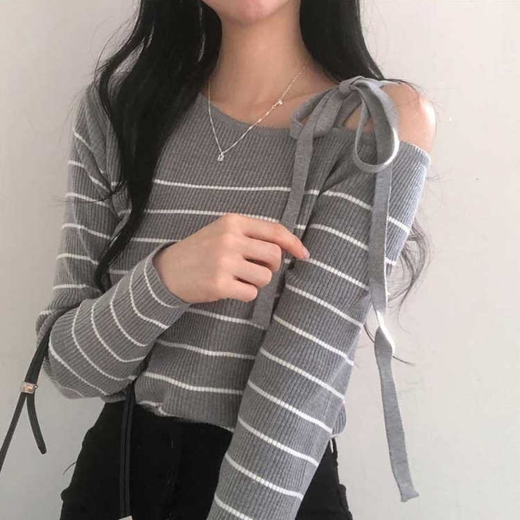 ストライプオフショルダーニット GREY