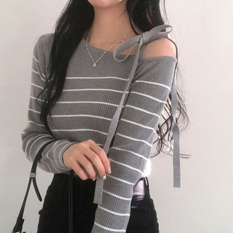 ストライプオフショルダーニット GREY