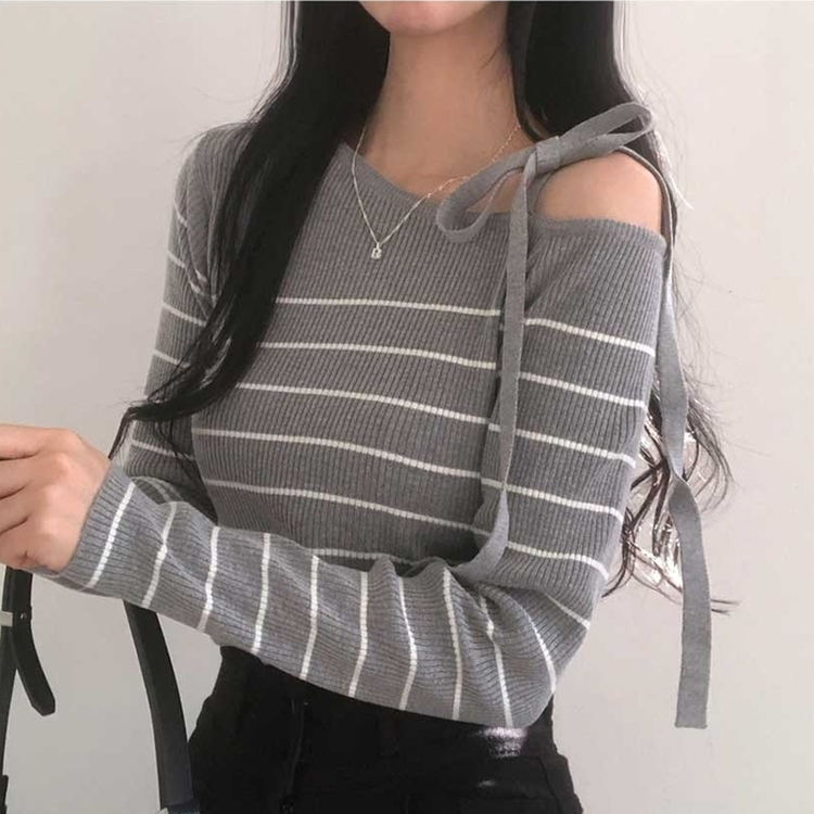 ストライプオフショルダーニット GREY