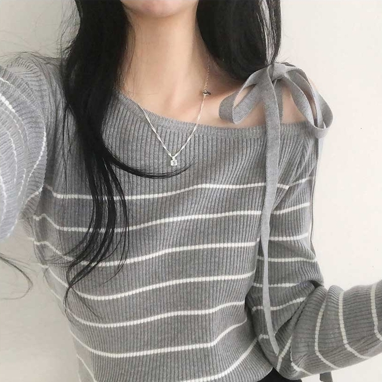 ストライプオフショルダーニット GREY