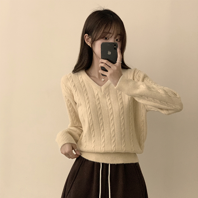 Vネック長袖ケーブルセミクロップニット(5color) IVORY