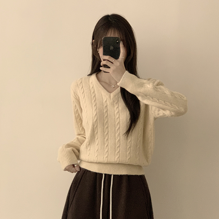Vネック長袖ケーブルセミクロップニット(5color) IVORY