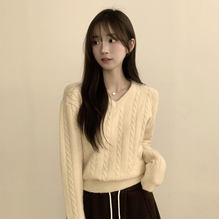 Vネック長袖ケーブルセミクロップニット(5color) IVORY