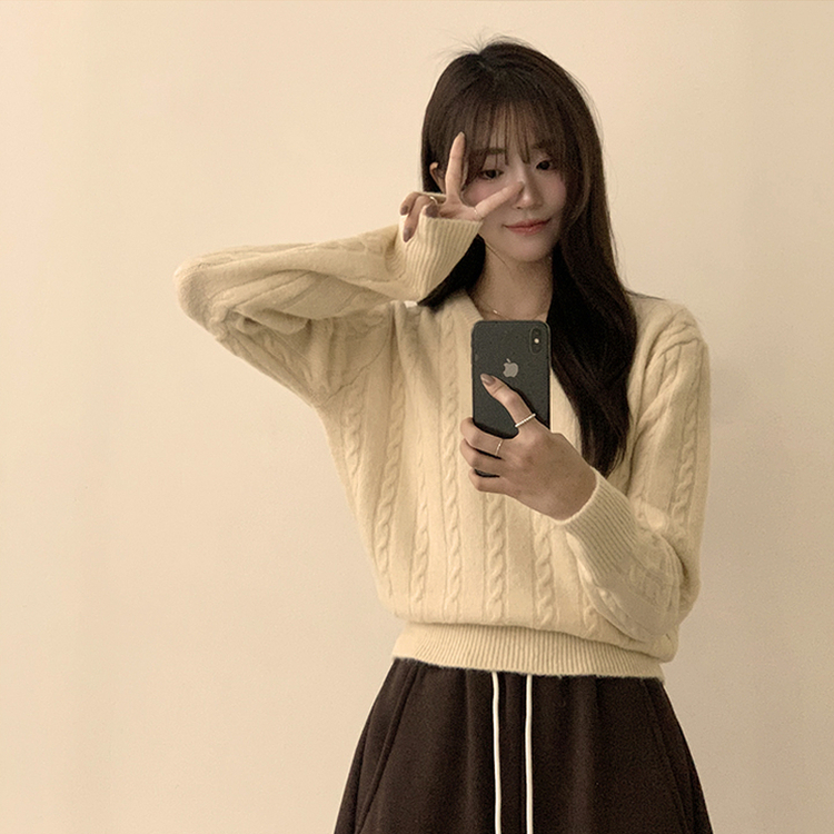 Vネック長袖ケーブルセミクロップニット(5color) IVORY