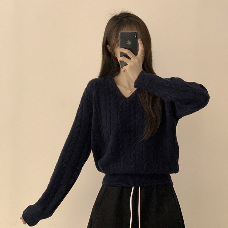 Vネック長袖ケーブルセミクロップニット(5color) NAVY