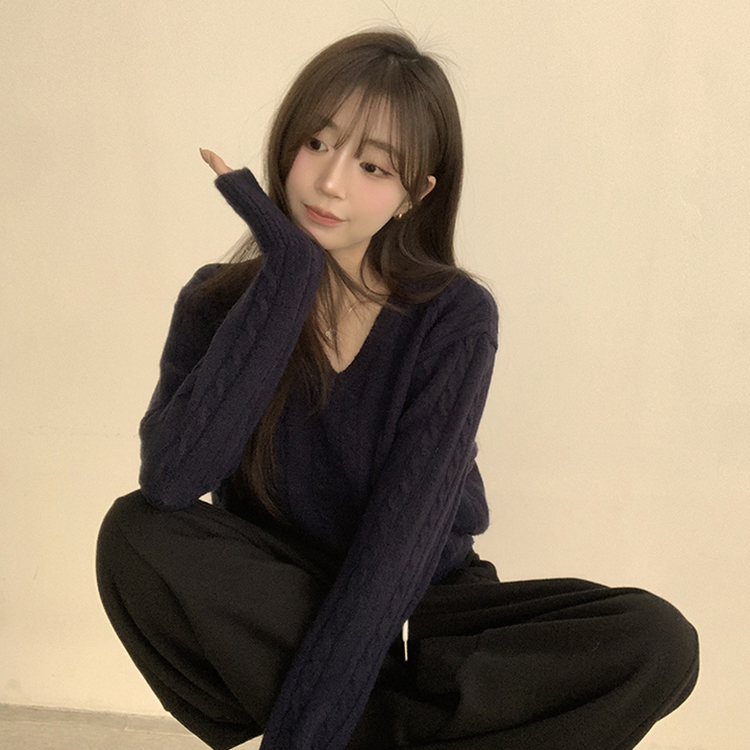 Vネック長袖ケーブルセミクロップニット(5color) NAVY
