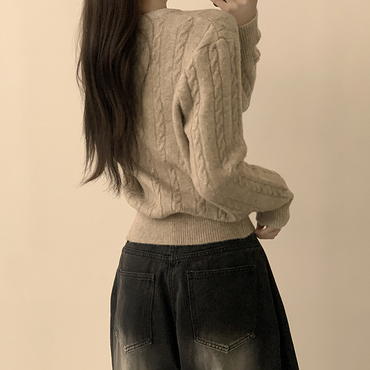 Vネック長袖ケーブルセミクロップニット(5color) BEIGE