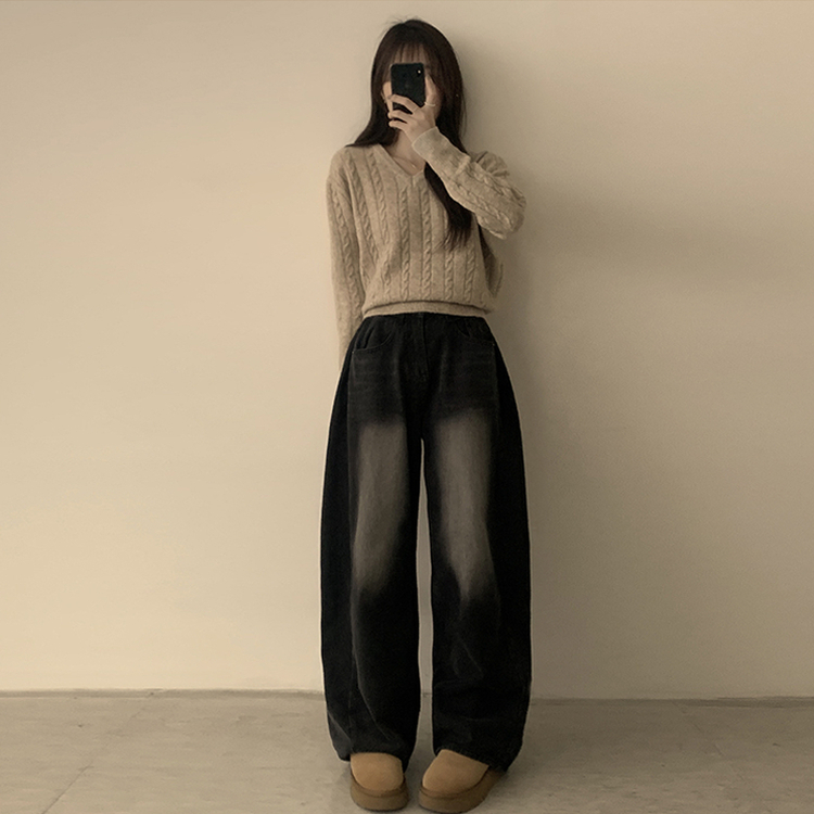 Vネック長袖ケーブルセミクロップニット(5color) BEIGE