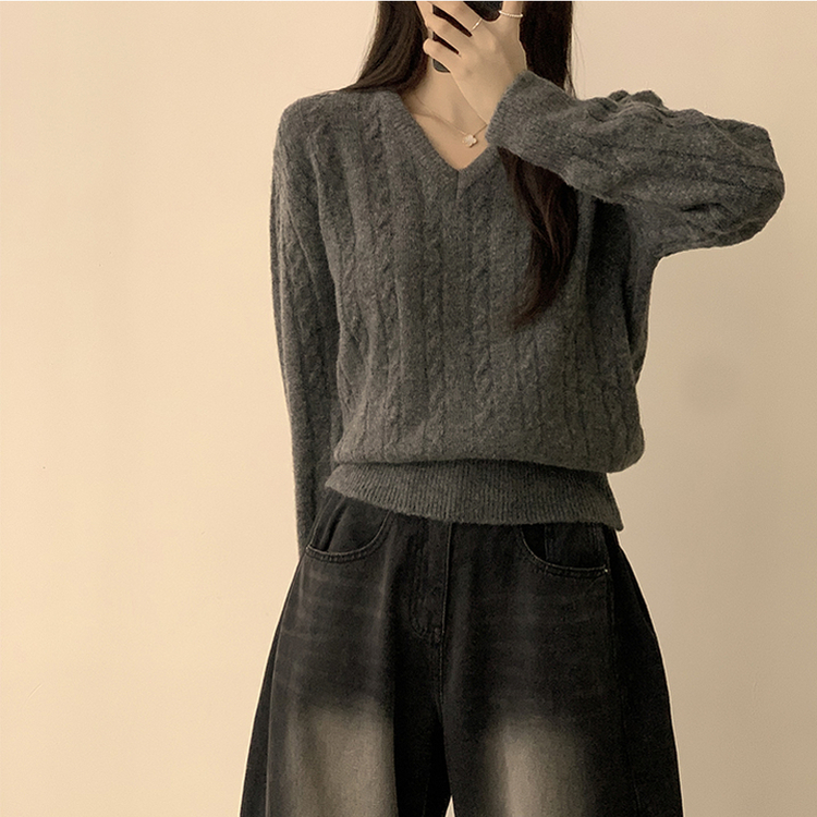 Vネック長袖ケーブルセミクロップニット(5color) CHARCOAL