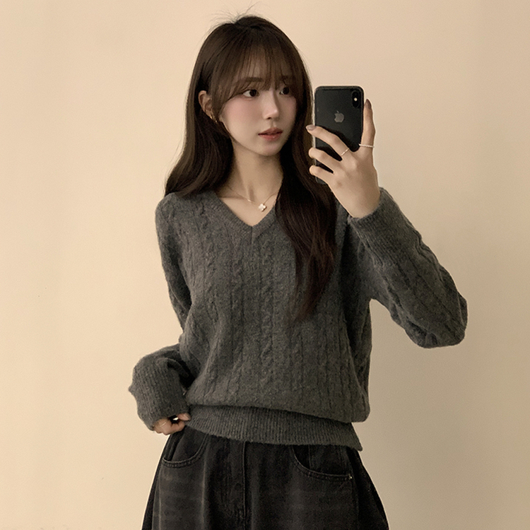 Vネック長袖ケーブルセミクロップニット(5color) CHARCOAL