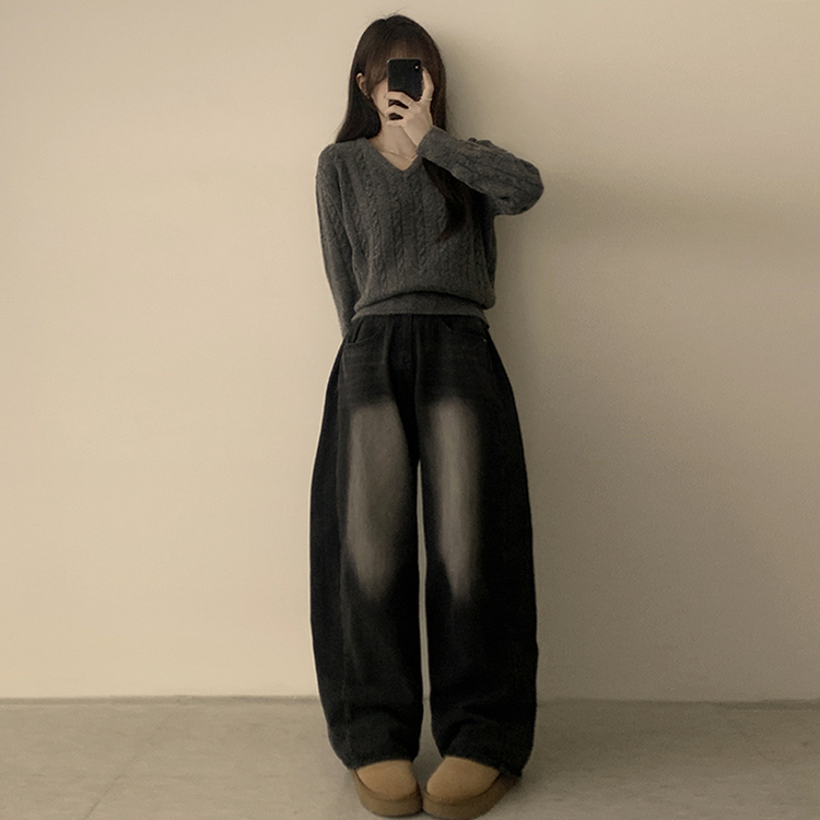 Vネック長袖ケーブルセミクロップニット(5color) CHARCOAL