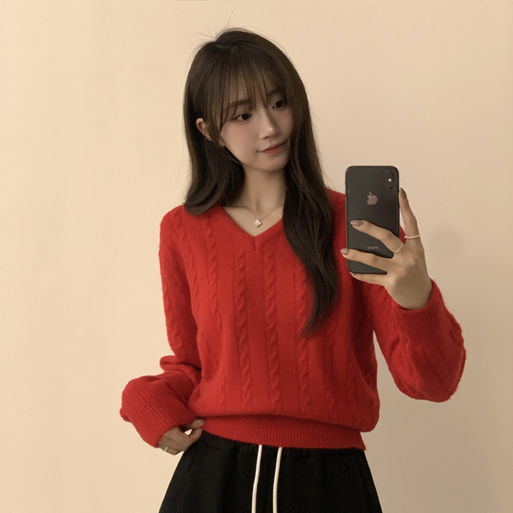 Vネック長袖ケーブルセミクロップニット(5color) RED