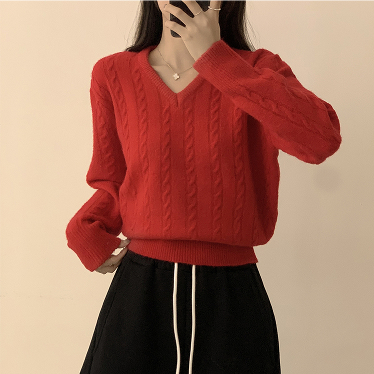 Vネック長袖ケーブルセミクロップニット(5color) RED