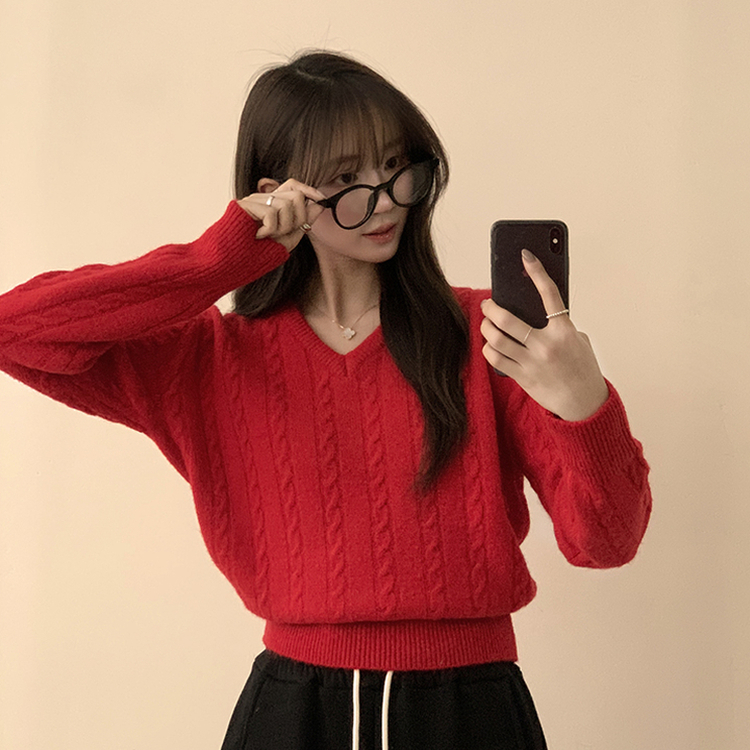 Vネック長袖ケーブルセミクロップニット(5color) RED