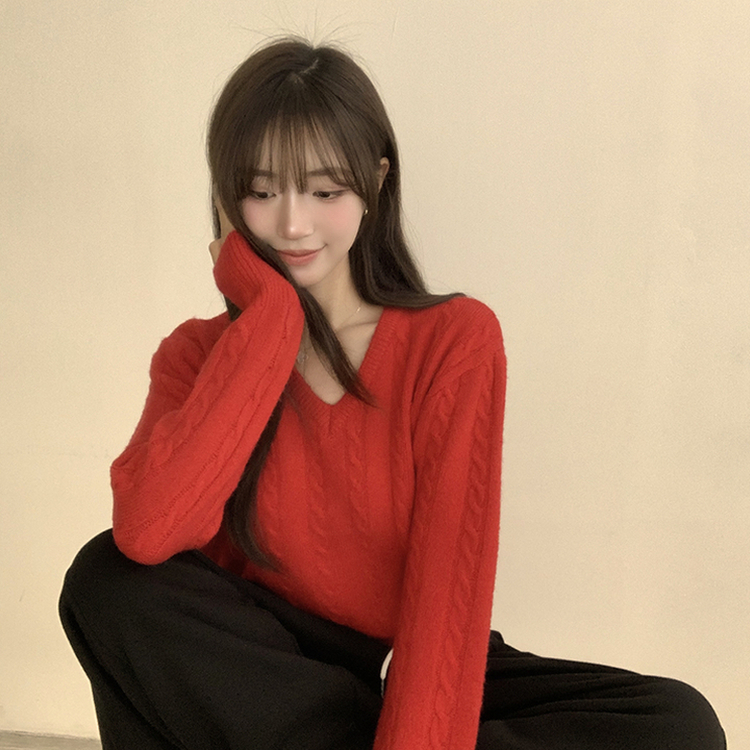 Vネック長袖ケーブルセミクロップニット(5color) RED