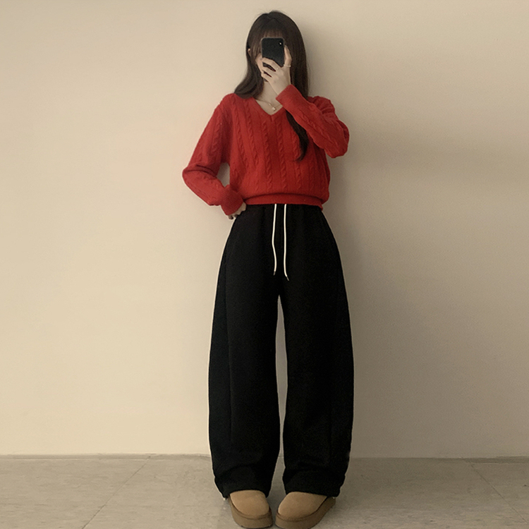 Vネック長袖ケーブルセミクロップニット(5color) RED