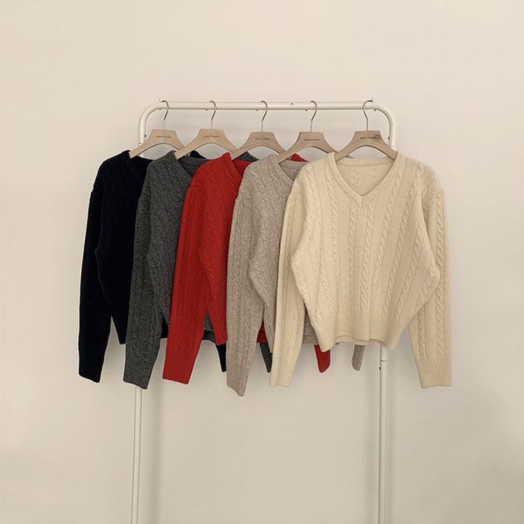 Vネック長袖ケーブルセミクロップニット(5color)