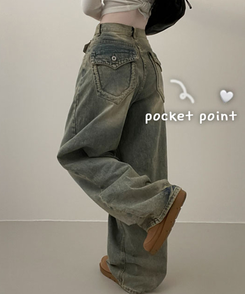 ワイド 【丈別】ヒップポケットウォッシングデニムパンツ(5color) LIGHT DENIM
