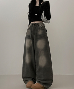 ワイド 【丈別】ヒップポケットウォッシングデニムパンツ(5color) KHAKI GRAY