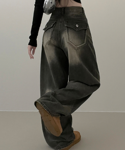 ワイド 【丈別】ヒップポケットウォッシングデニムパンツ(5color) KHAKI GRAY