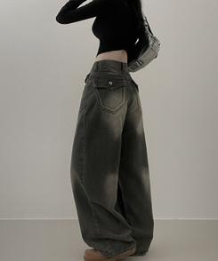 ワイド 【丈別】ヒップポケットウォッシングデニムパンツ(5color) KHAKI GRAY