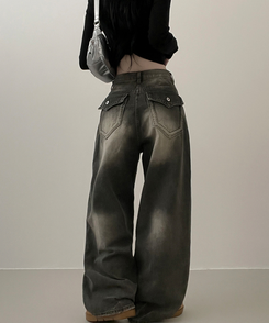 ワイド 【丈別】ヒップポケットウォッシングデニムパンツ(5color) KHAKI GRAY