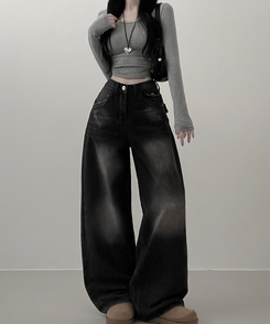 ワイド 【丈別】ヒップポケットウォッシングデニムパンツ(5color) BLACK DENIM