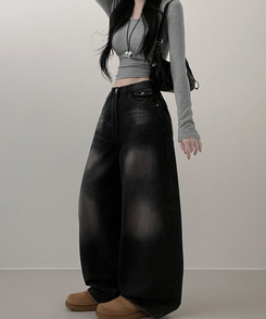 ワイド 【丈別】ヒップポケットウォッシングデニムパンツ(5color) BLACK DENIM