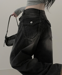 ワイド 【丈別】ヒップポケットウォッシングデニムパンツ(5color) BLACK DENIM
