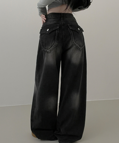 ワイド 【丈別】ヒップポケットウォッシングデニムパンツ(5color) BLACK DENIM