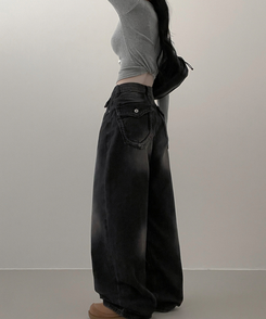ワイド 【丈別】ヒップポケットウォッシングデニムパンツ(5color) BLACK DENIM