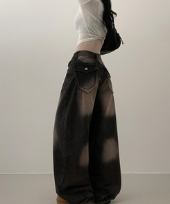 ワイド 【丈別】ヒップポケットウォッシングデニムパンツ(5color) DARK BROWN