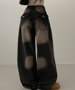 ワイド 【丈別】ヒップポケットウォッシングデニムパンツ(5color) DARK BROWN