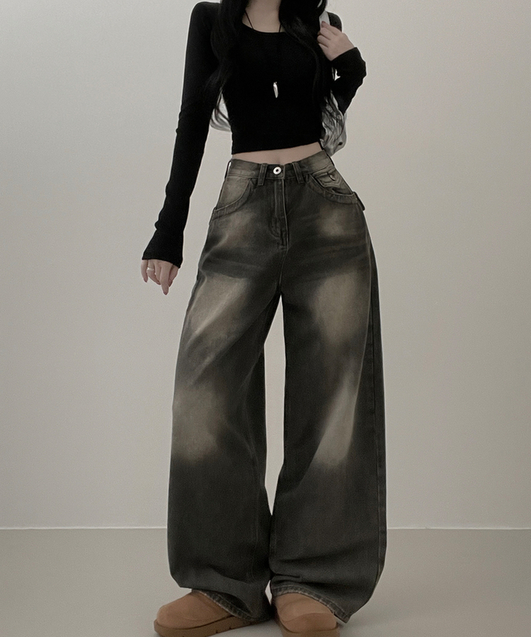 【丈別】ヒップポケットウォッシングデニムパンツ(5color) KHAKI GRAY