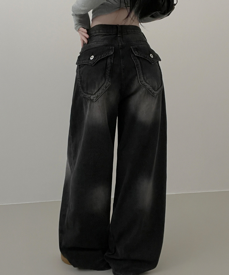 【丈別】ヒップポケットウォッシングデニムパンツ(5color) BLACK DENIM