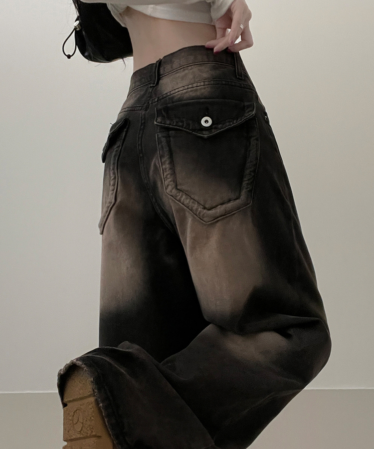 ワイド 【丈別】ヒップポケットウォッシングデニムパンツ(5color) DARK BROWN