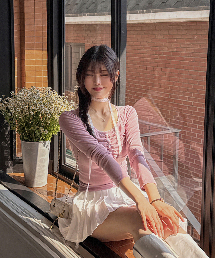 【タイ付き】レースシャーリングボタンTシャツ PINK