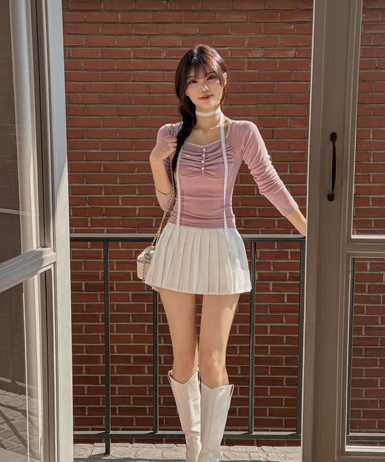 【タイ付き】レースシャーリングボタンTシャツ PINK