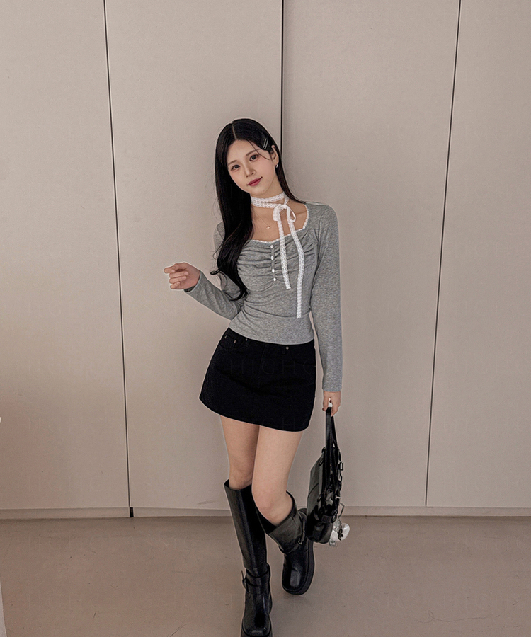 【タイ付き】レースシャーリングボタンTシャツ GREY