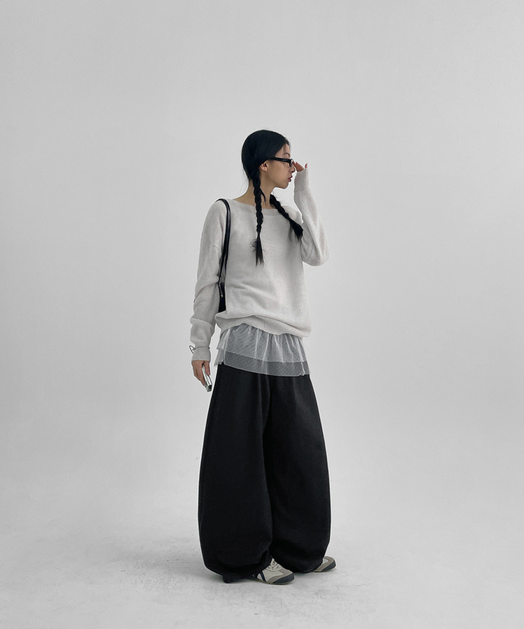 ピンタックワイドコットンパンツ NAVY