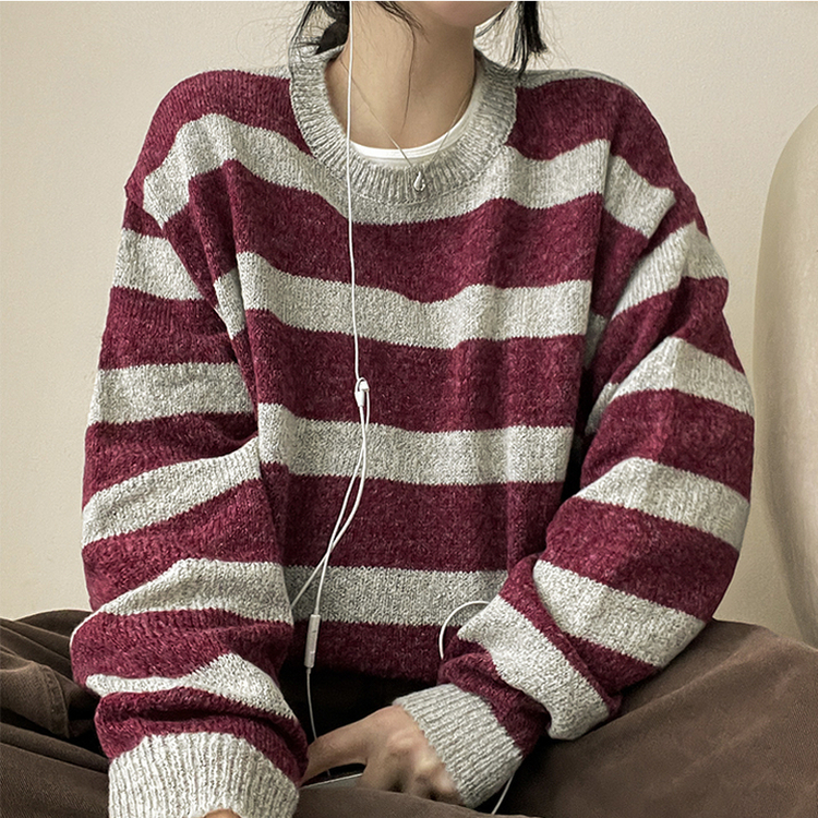 ビンテージストライプラウンドニット BURGUNDY