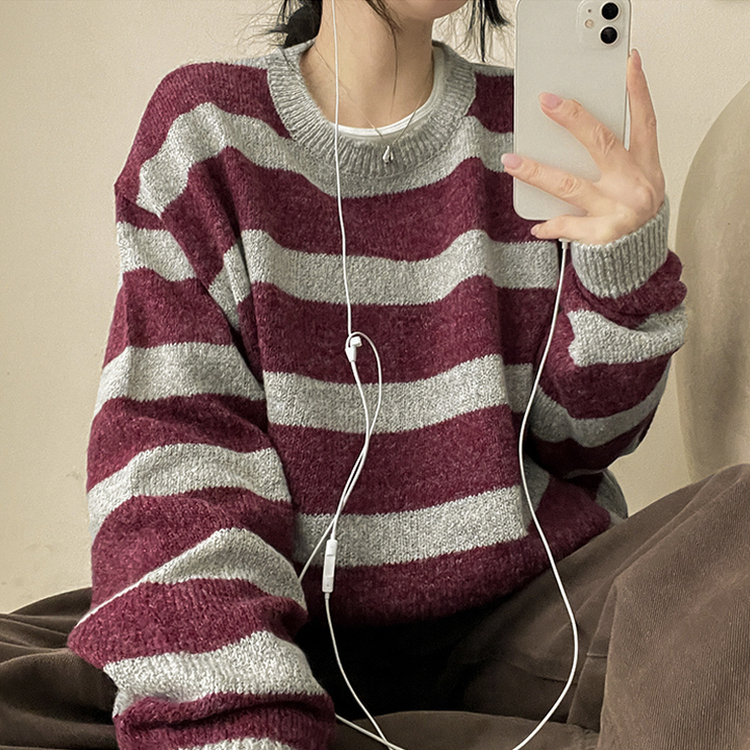 ビンテージストライプラウンドニット BURGUNDY