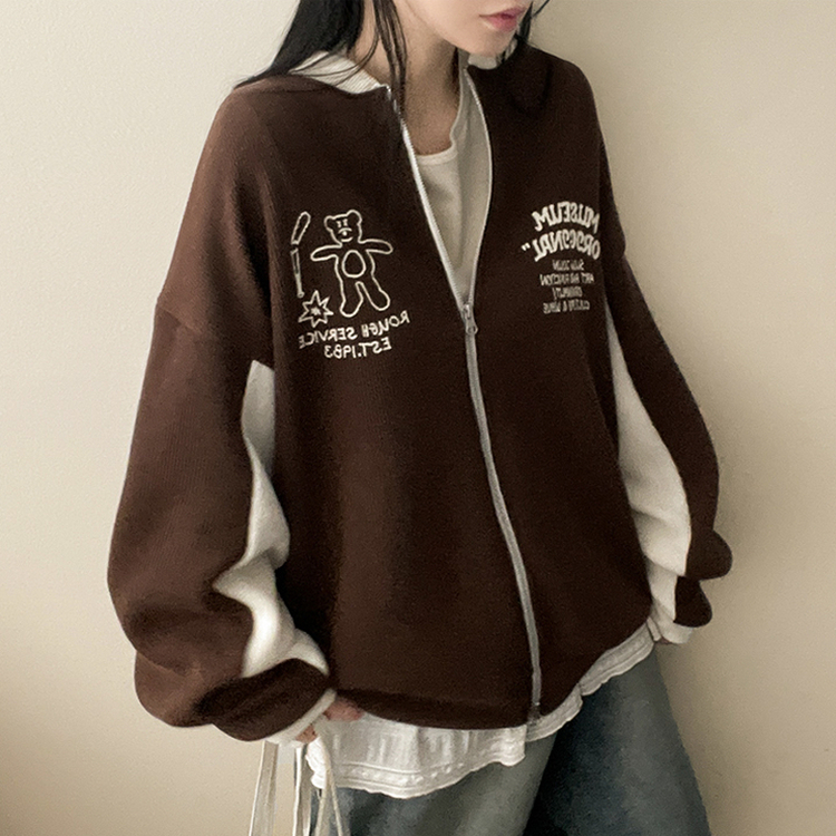 クマバイカラーニットカーディガン BROWN