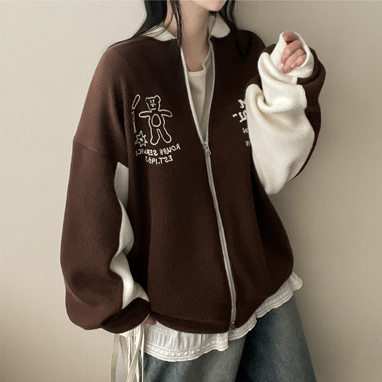 クマバイカラーニットカーディガン BROWN